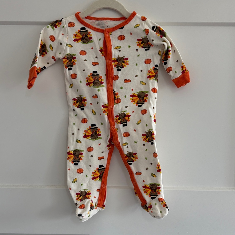 Baby Starters Orange-Trim Turkey Print Baby One-Piece Footie 6 Month